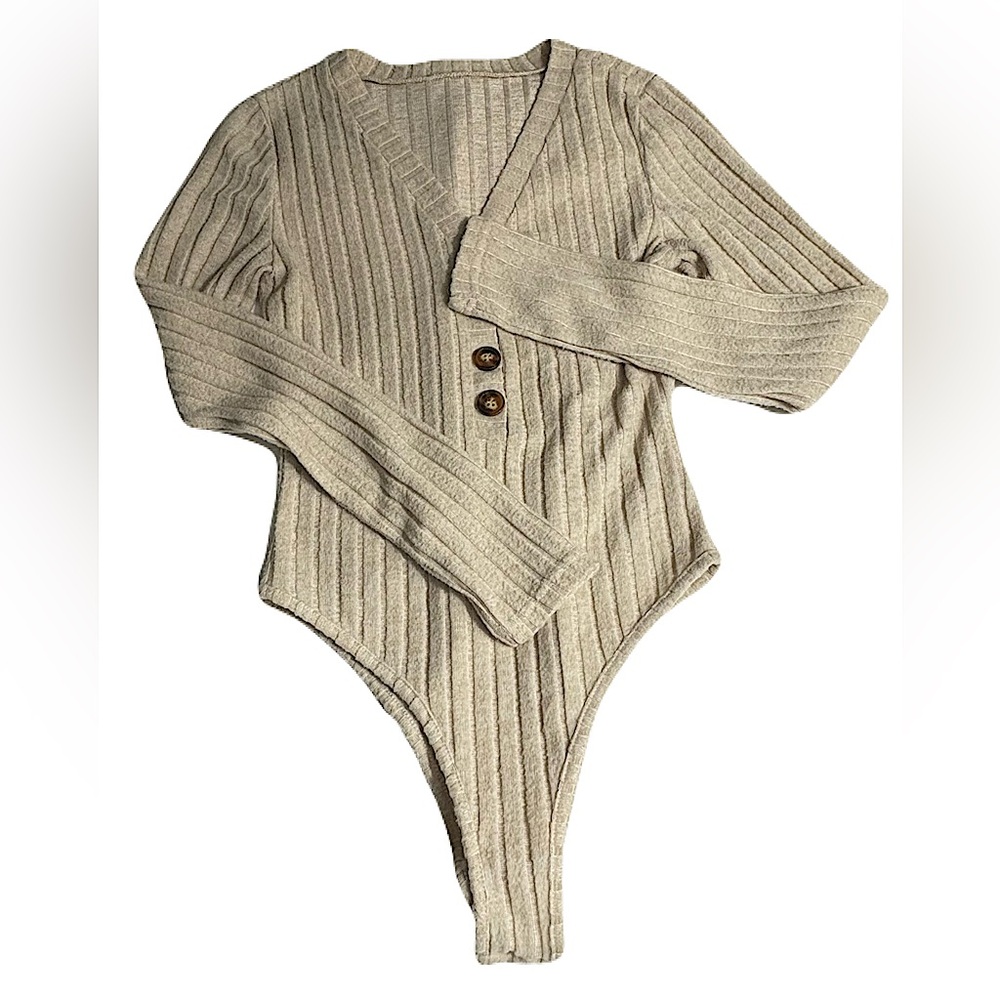 Cream Ribbed V-Neck Long Sleeve Bodysuit with Button Detail